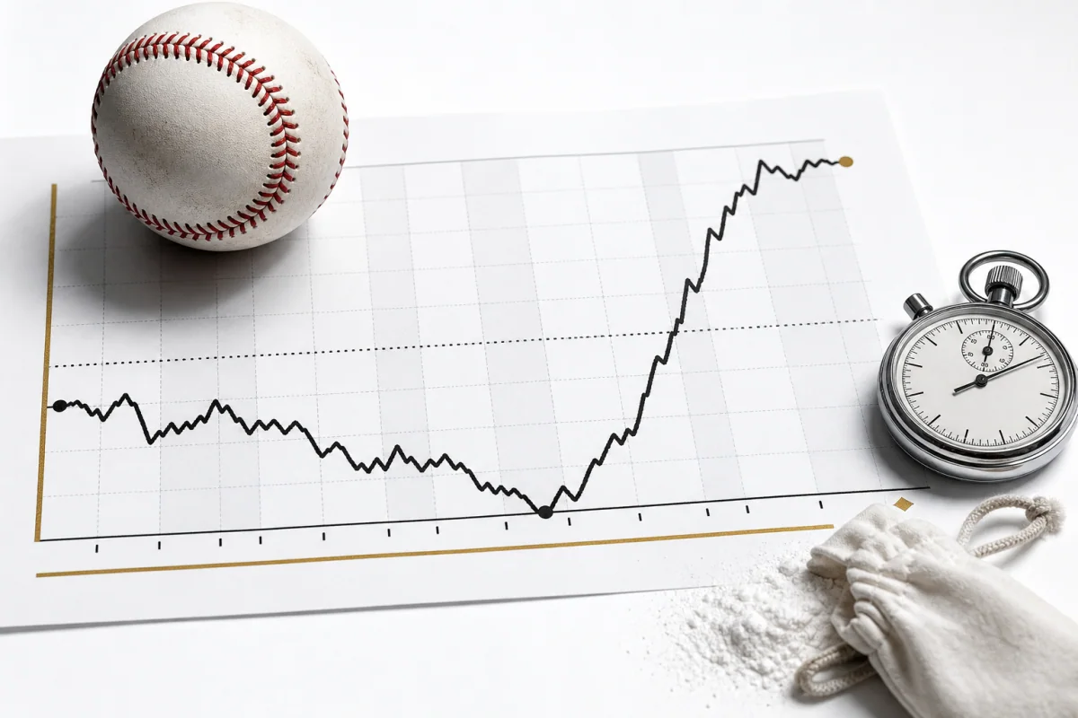 A printed win-probability chart with one steep late-game swing, a baseball resting on the page beside a stopwatch and a rosin bag.